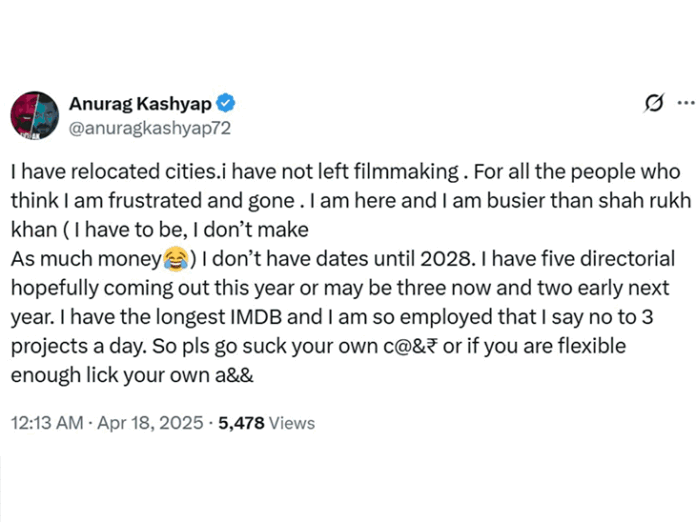 'शाहरुख खान से ज्यादा बिजी हूं':इंडस्ट्री छोड़ने की खबरों पर अनुराग कश्यप बोले- सिर्फ शहर बदला फिल्ममेकिंग नहीं छोड़ी, 2028 तक डेट्स फुल हैं