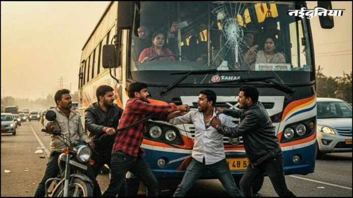 इंदौर-अहमदाबाद नेशनल हाईवे पर फिल्मी स्टाइल में रोकी बस, ड्राइवर-कंडक्टर को बेल्ट से पीटा, Video वायरल