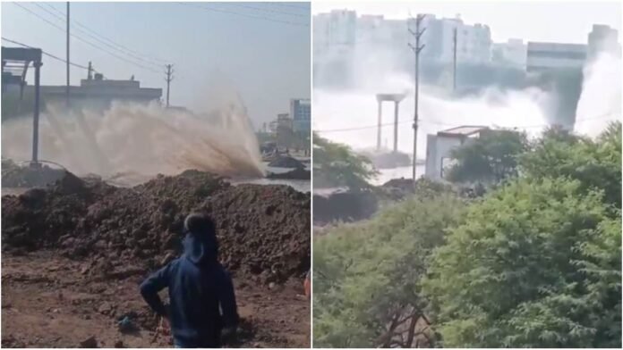इंदौर के निपानिया इलाके में सड़क बनाते समय फूटी नर्मदा लाइन, उठने लगा पानी का बड़ा फव्वारा